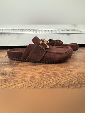Brown Suede Slip-On Mules with Buckle Accent